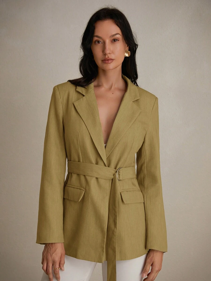 Aveloria Modichic Blazer de negocios de estilo francés sencillo y elegante con cinturón en la cintura y mangas largas, adecuado como uniforme de maestros y ropa de trabajo - Amarillo - Ver 1