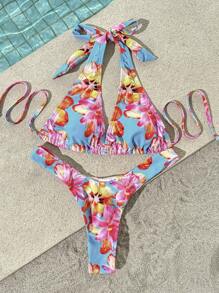 SHEIN VCAY Women's Halter Neck Tied Back Printed Bikini Top And Bottom Swimwear Set,Spring&Summer,Summer Outfits For Women,Vacation Outfits Woman,Beach Outfits For Woman,Spring Outfits For Women,Concert Outfit Women,Boho,Rave Outfits Festival,Festival Outfits For Women,Spring Break,Beach Vacation Outfits,Bathing Suit,Push Up Bikini - Blue - View 3