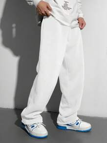 SHEIN Teen Boys Casual Loose Sweatpants With English Print, Elastic Waist Vintage Style Trousers, Suitable For Autumn, Winter, School, Home, Daily, Sports, Birthday Party, Outings, All-Match Versatile Thermal Lined