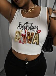 Maweii Top casual de tirantes estampada para mujer talla grande, camiseta gráfica de mujer "Birthday AEVA" tops de verano