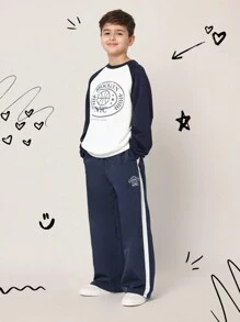 SUMWON Brooklyn Nyc Basketball League Co-Ord Set Pullover Sweatshirt Track Pants Sports Athletic Outfit Winter Fall Casual Everyday Wear Two-Piece Set College Style Youth - Navy Blue - View 1