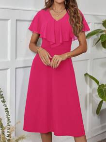Ellevyn Ladies' Mid-Length Pink Dress With Ruffle Hemline, Valentine's Day Outfit - Hot Pink - View 5