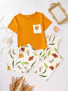3 pièces/Ensemble Pyjama Décontracté Confortable avec Motif Floral pour Femmes