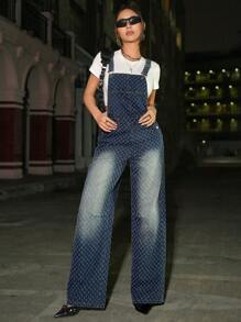 SHEIN ICON 女士口袋宽松 Y2K 外出牛仔连体裤 - 深色水洗藍 - 查看 6