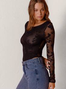 Aralina Round Neck Long Sleeves Elegant Lace New Years Bodysuit