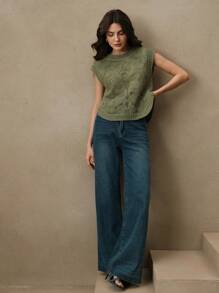 Anewsta 女士夏季时尚现代镂空刺绣无袖针织上衣，休闲，优雅，度假 - 軍綠色 - 查看 4