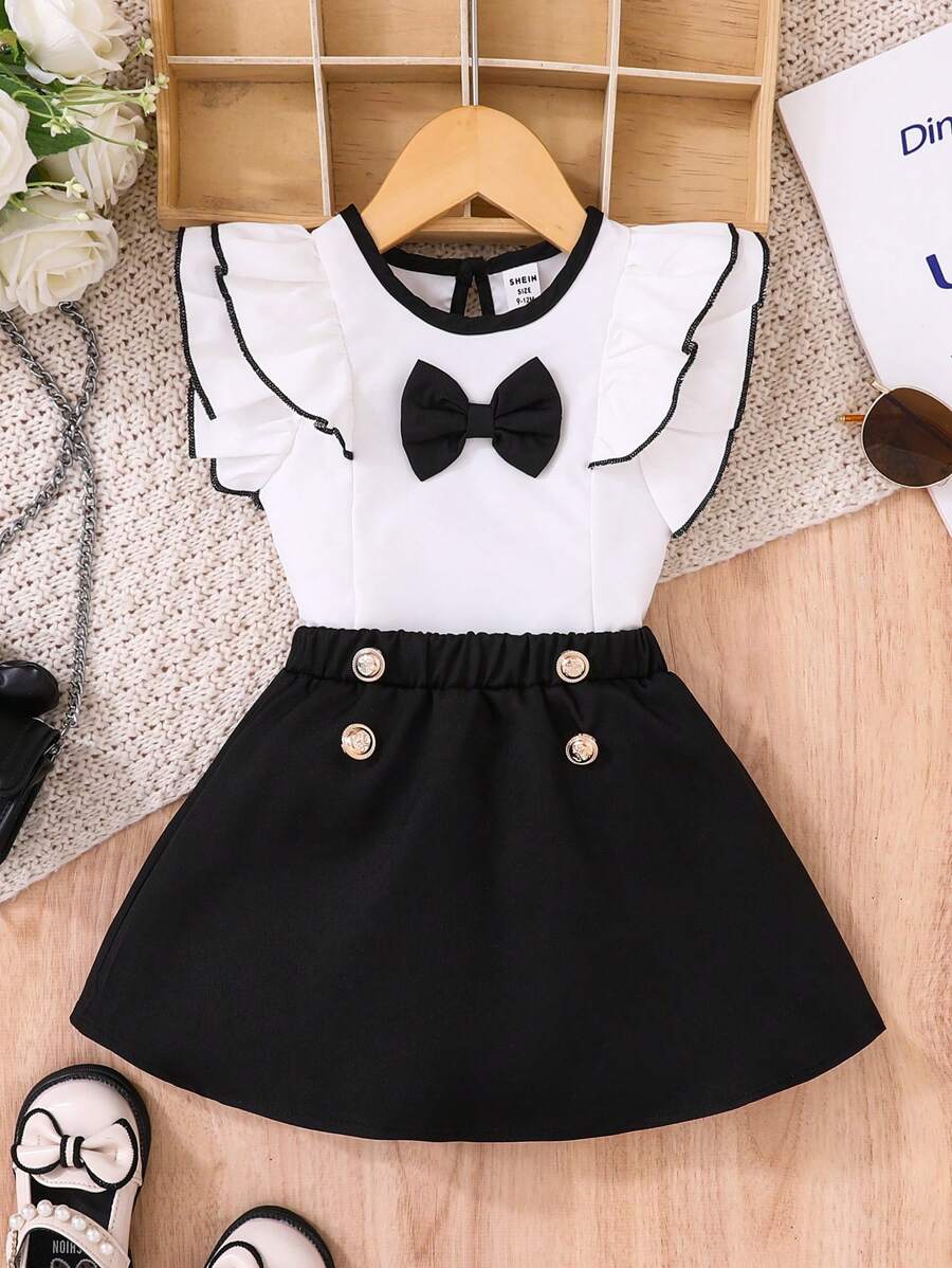 Baby Mädchen 2 Stücke Set, weiße Prinzessin Bluse und schwarzer kurzer Rock, kombiniert Süße und modischen Stil, geeignet für Ausflüge, Einkaufen und Familientreffen - Verschiedenfarbig - Übersicht 1