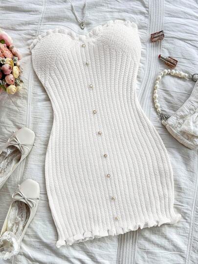 Soleia Sexy & Comfortable Fitted Knitted Dress With Button & Ruffle Hem, Camisole Style