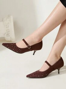 CUCCOO CHICEST Brown Pointed Toe Rhinestone Velvet Comfortable Versatile Strap Low Kitten Heel Flats