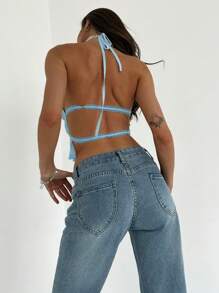Aloruh Women's Neck-Tie Adjustable Ruched Multi-Layer Semi-Sheer Romantic Date Cropped Camisole - Blue - View 5