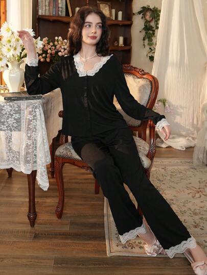 Côtesoire 优雅复古蕾丝拼接V领长袖女士睡衣套装，适合假日、秋冬季节穿着