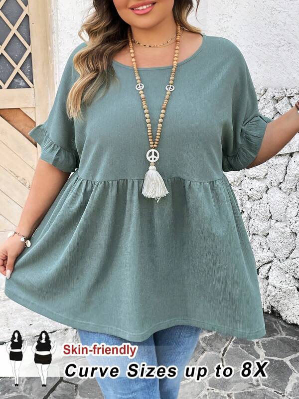 SHEIN CURVE+ Blusa suelta de manga de encaje con cuello redondo para mujer talla grande de color verde, estilo boho para vacaciones