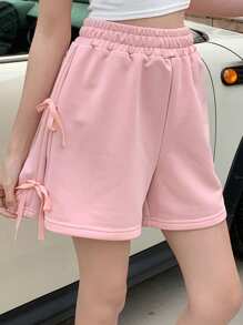 DAZY Pantalones cortos sueltos de mujer casuales de unicolor con lazo en la cintura