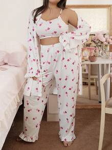 3pcs Plus Size Pajama Set With Bi-Color Heart Print & Ribbed Details - Multicolor - View 1