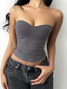 SHEIN BASICS Casual Solid Color Knit Fitted Bandeau Top For Women