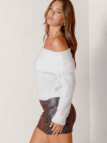Aralina Cosy Off-Shoulder White Knit Holiday Sweater - White - View 8