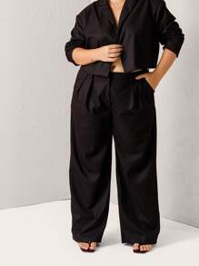 Aralina Curve Elegant Black Straight Cut Pleated Suit Pants - Black - View 1
