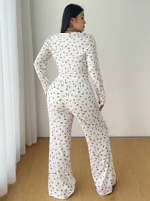 Flirla Bộ đồ ngủ dài tay in họa tiết dễ thương 2 món - trắng - Xem 2