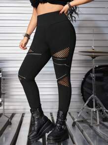 ROMWE Plus Size Women Gothic Five-Pointed Star Zipper Decor Hollow Out Patchwork Tight Elastic Leggings - Black - View 3