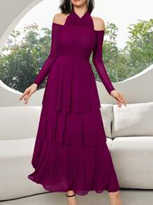 Modelyn Women's Solid Color Ruffle Long Sleeve Ruffle Hem Elegant Dress - Red Violet - View 4