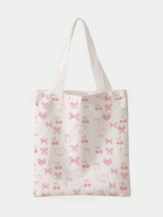 Kawaii Niedliche rosa Schleife, Kirsch-Muster, beidseitig bedruckter Leinwand Schultertasche