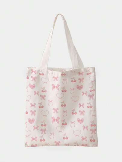 Kawaii Cute Pink Bow Hearted Cherry Print Double-Sided Canvas Shoulder Tote Bag