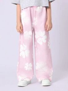 SUMWON Conjunto coordenado para adolescentes, camiseta curta grande, perna larga, calça palazzo floral, roupa de dormir casual de duas peças, primavera-verão, traje de resort para férias