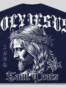 ROMWE MEN Street Life 超大哥特式耶稣图案印花T恤男款，复古街头风格，万圣节