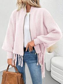 SHEIN LUNE Cardigan casual feminino com zíper frontal de cor sólida, minimalista e moderno para uso diário - Baby Rosa - Ver 5
