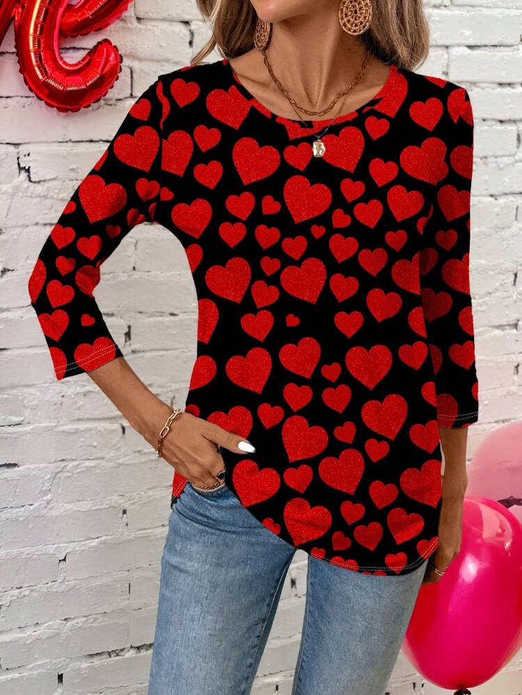 Women Round Neck Long Sleeve Heart Print Casual T-Shirt
