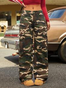 SHEIN ICON Jeans pattes d'éléphant à taille basse lavés motif camouflage pour femmes