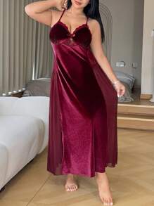 Dazy Petite Plus Bata de seda de terciopelo con abertura lateral de encaje, color rojo vino, atuendo de Año Nuevo chino, primavera/verano