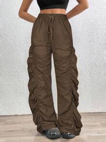 SHEIN Unity Pleated Drawstring Casual Pants, Solid Color Minimalist Fashion Everyday Wear - Brown - View 5