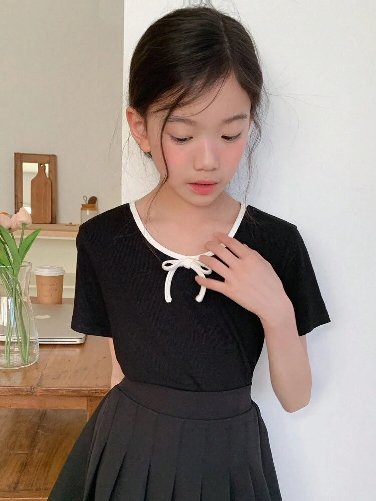 Tween Girl Bow Decor Round Neck Short Sleeve T-Shirt, Summer, Back To School