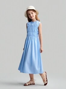 Ontre Tween Girl 极简主义高端褶皱度假时尚休闲宽松舒适杏色无袖连衣裙，简约风格，适合春夏季 - 淺藍色 - 查看 5