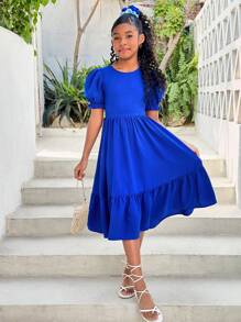 SHEIN Leap Crew Tween Girl 度假休闲纯色编织露背短袖连衣裙