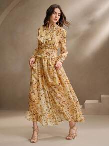 Anewsta Vestito da donna elegante per vacanze, appuntamenti romantici, festa, con colletto alto, maniche a lanterna, balze all'orlo, motivo floreale ditsy, abiti primaverili per donna