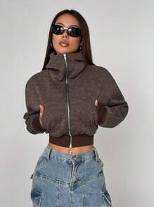 StreetHx Women Turtleneck Street Style Open Front Hoodie With Fleece Fabric & Kangaroo Pocke - Coffee Brown - View 4