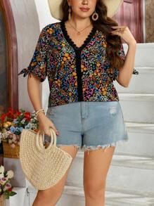 SHEIN LUNE 大码女式蕾丝边碎花 V 领衬衫，露肩系带袖，女士夏季服装，圣帕特里克节、狂欢派对、节日、春假波西米亚风