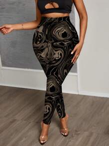 Slaydiva Plus Size Vintage Pattern Slim Leggings, Casual Minimalist Style Suitable For Summer - Multicolor - View 3