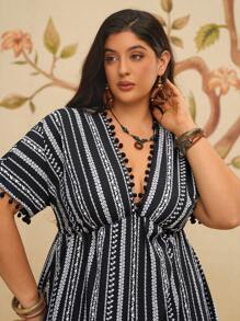 Travachic Plus Size Bohemian Vacation Casual Boho Summer Dress, Black Retro Print & Striped Floral Pattern For Women - Black and White - View 6