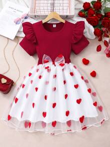 Tween Girls Solid Ribbed Top And Heart Net Skirt 2 Pieces Set - Red - View 5