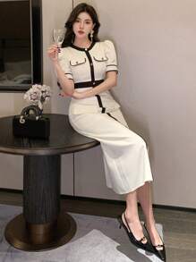 DAZY Vestido de mujer de longitud media en bloque de colores, con cuello redondo, mangas abultadas y botones. Vestido de fiesta o vestido de verano