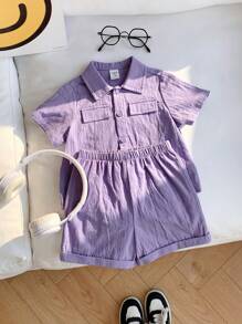 SHEIN Leap Crew 2pcs/Set Baby Boy Summer Cute Casual Purple Short Sleeve Shirt & Shorts Set, Suitable For Birthday Party, Evening Party, Performance, Wedding, Baby Shower, And 1st Birthday Celebration - Multicolor - View 6