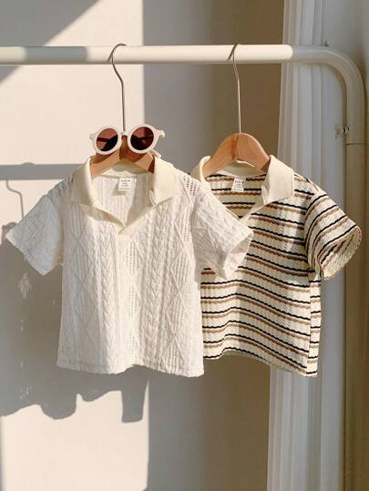 SHEIN LMoss Kids Bộ 2 áo thun polo sọc ngắn tay mùa hè cho bé trai, đa năng, thích hợp cho tiệc sinh nhật, tiệc tùng, biểu diễn, đám cưới, Tết Nguyên đán, lễ rửa tội và lễ kỷ niệm sinh nhật đầu tiên