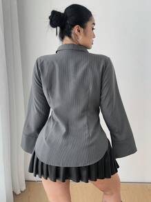 Vibekara Áo sơ mi sọc xám dài tay đơn hàng thường ngày cho nữ cỡ lớn - Xám - Xem 2
