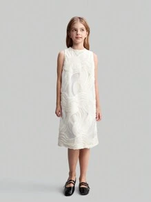 Maija Kids 少女刺绣修身无袖优雅吊带背心，百搭休闲/派对/校服 A 字直筒连衣裙，春夏 - 杏色 - 查看 5