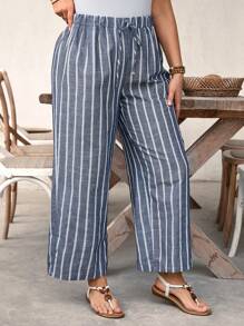SHEIN LUNE Plus Size Women Linen Striped Elastic Waist Pants, Spring/Summer