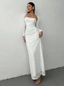 Aloruh Vestido de punto jacquard de cuello cuadrado elegante para mujer, otoño/invierno - Blanco - Ver 6