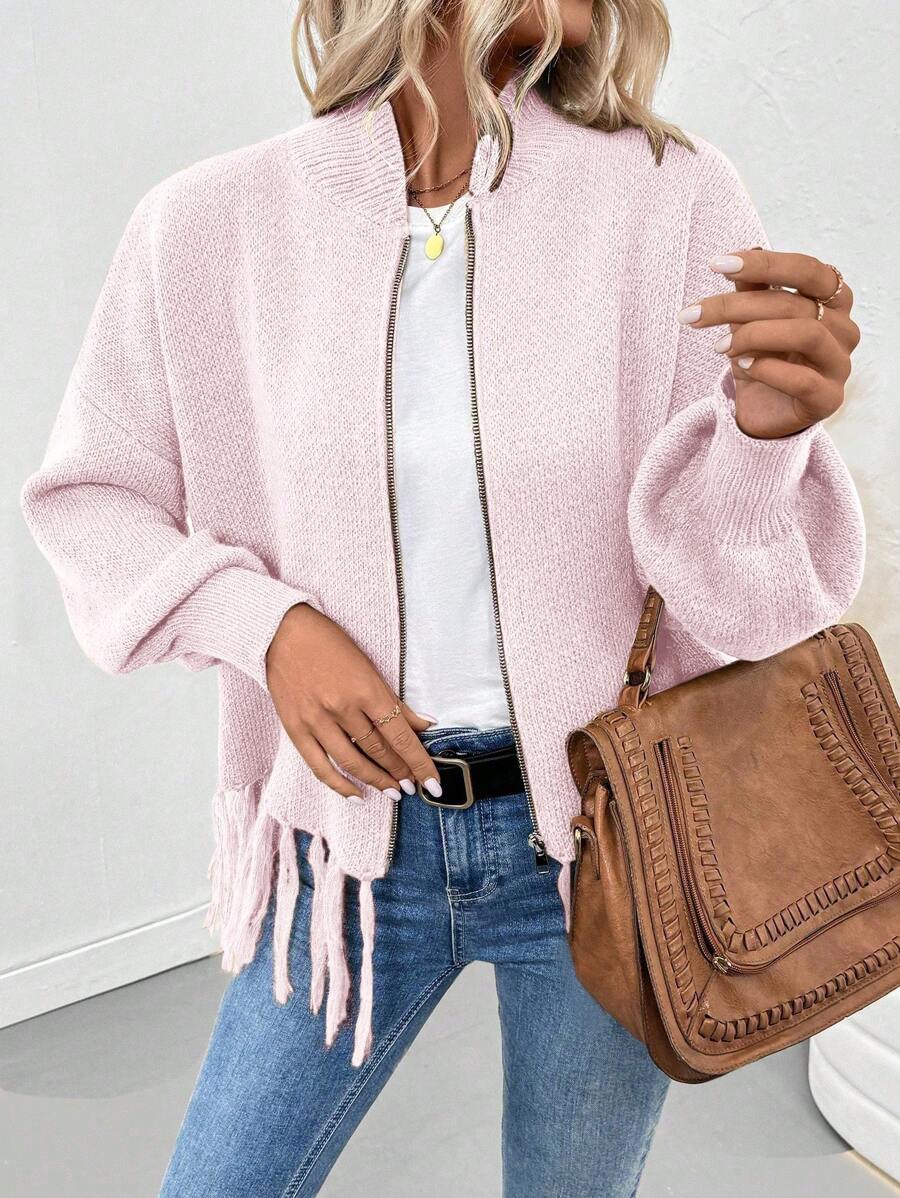 SHEIN LUNE Cardigan casual feminino com zíper frontal de cor sólida, minimalista e moderno para uso diário - Baby Rosa - Ver 1